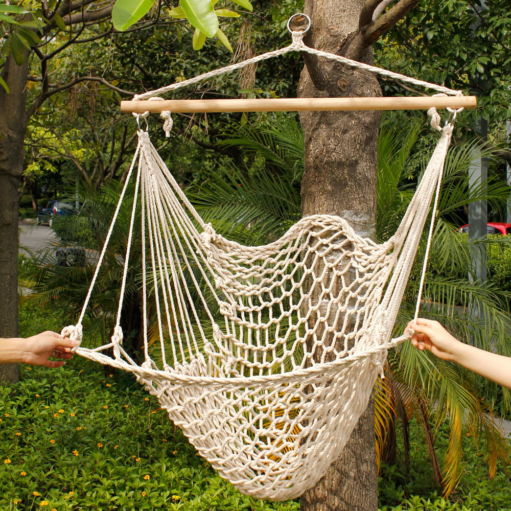 Ktaxon Outdoor Hanging Swing Cotton Hammock Chair Solid Rope with Wooden Bar Yard Patio Porch Garden