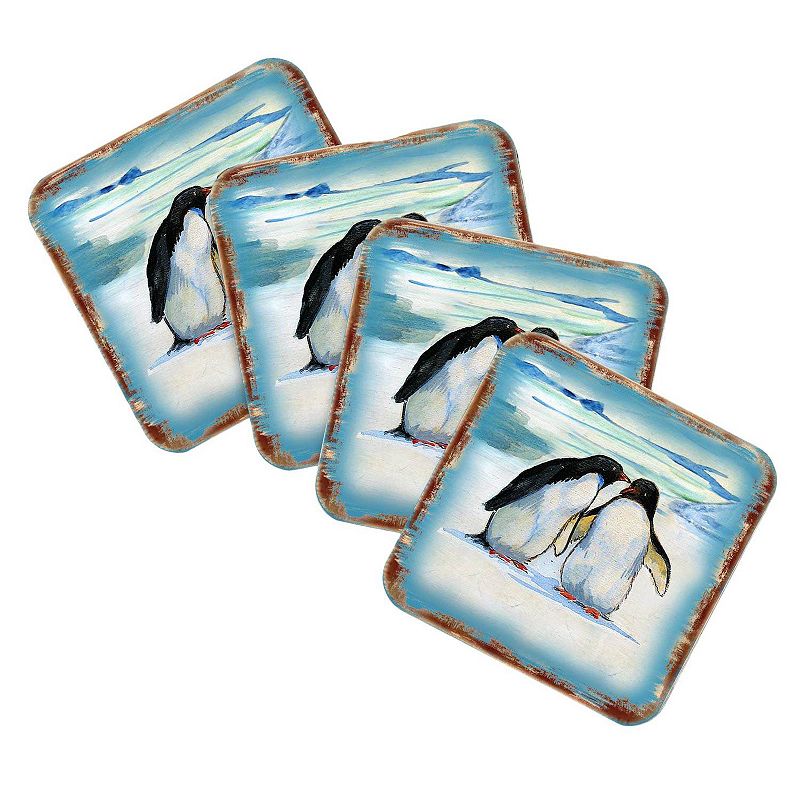 Penguins Coastal Wooden Cork Coasters Gift Set of 4 by Nature Wonders