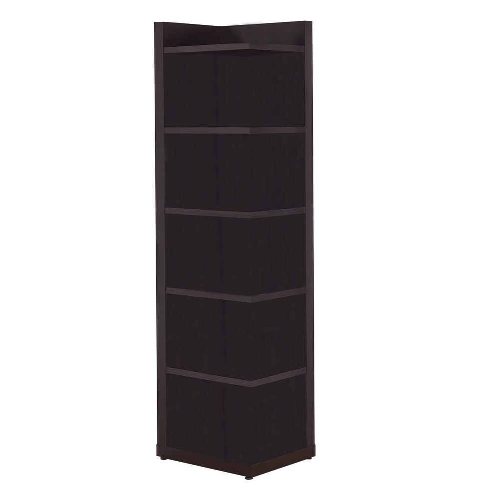 Radiant Brown Wooden Corner Bookcase   71 H x 19.75 W x 15.75 L