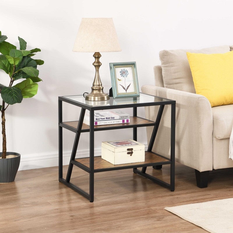 Black Side Table Coffee Table with Metal Frame and Tempered Glass Top