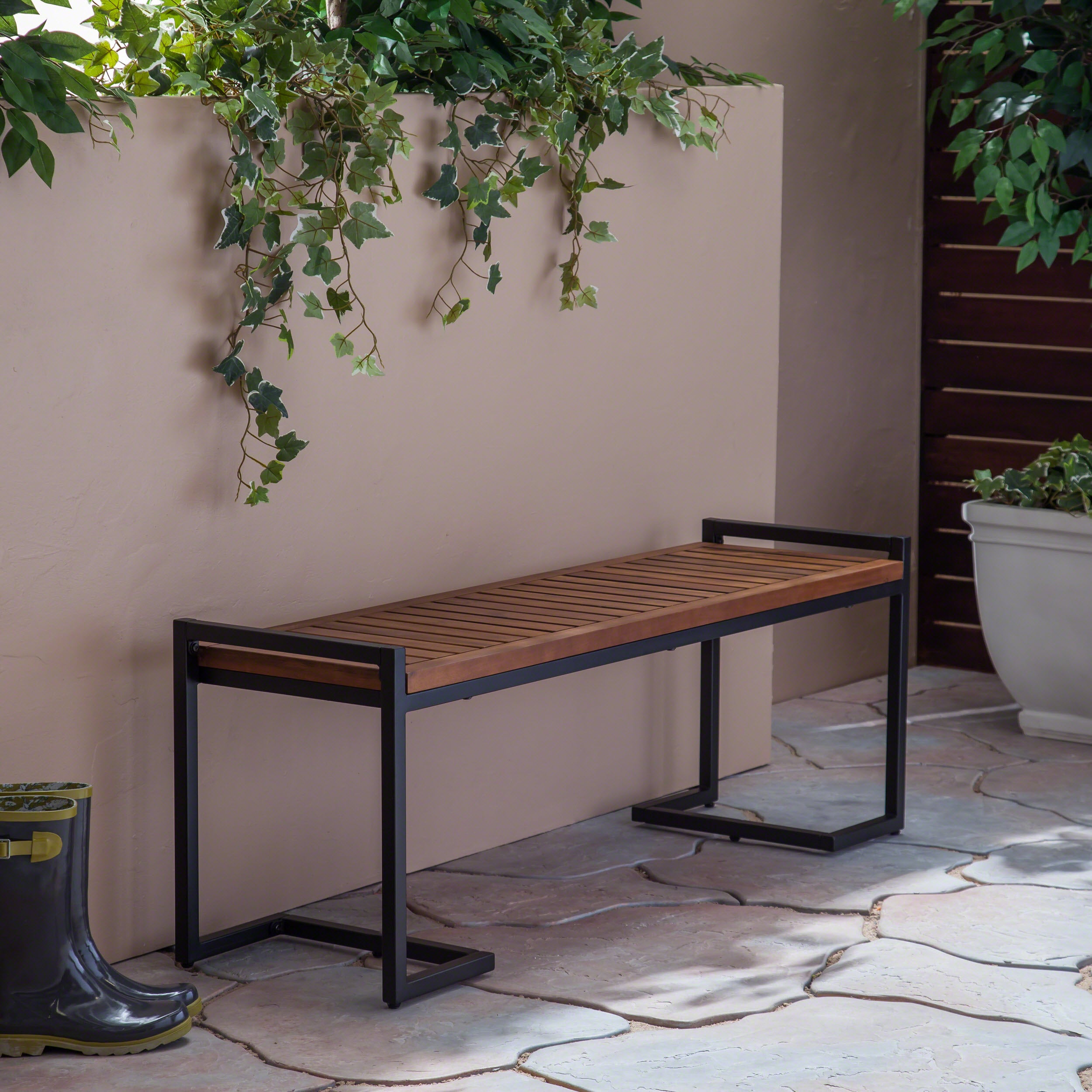 Noel Outdoor Industrial Acacia Wood and Iron Bench