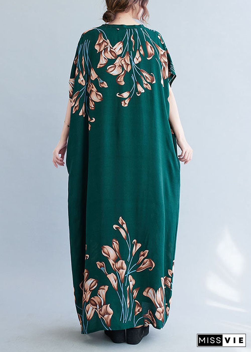 French Blackish Green V Neck Print Cotton Loose Maxi Dress Batwing Sleeve