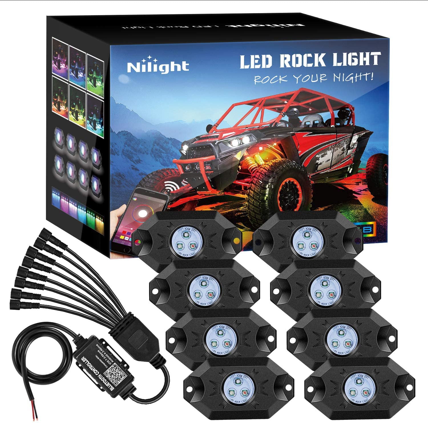 Nilight 8 Pods RGB LED Rock Lights Kit Underglow Multicolor Neon with Bluetooth App Control Timing Function Flashing Music Mode IP68 Exterior Wheel Well Light for ATV， Light Truck