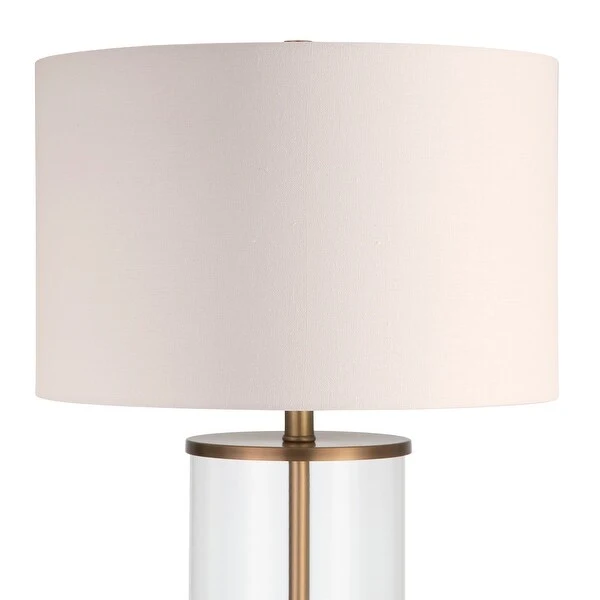 Reeves Cylindrical Clear Glass and Antique Brass Table Lamp with Linen Shade