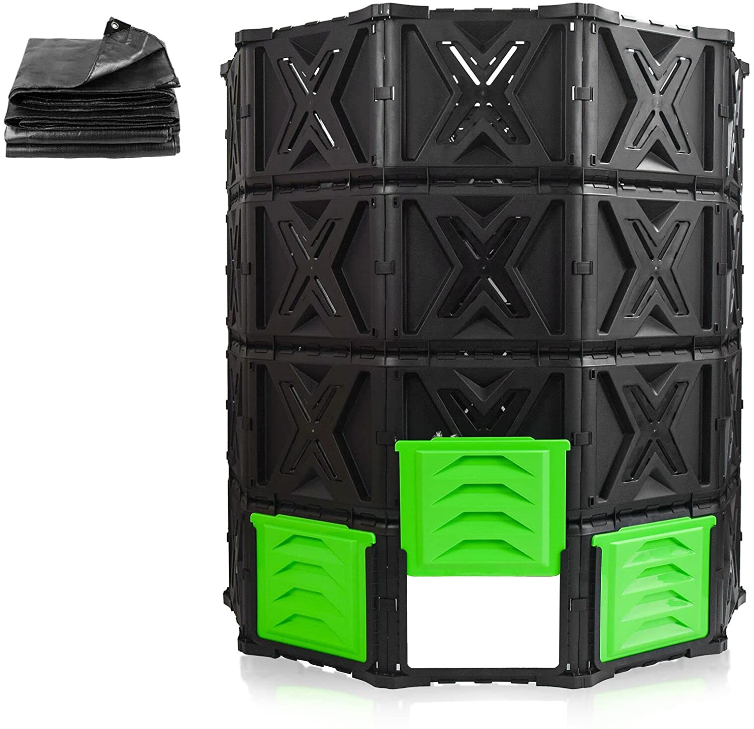 XXL Large Compost Bin Outdoor- 190G/143G-Easy Assembly-No Screws-BPA Free-Sturdy& Durable-Green Door