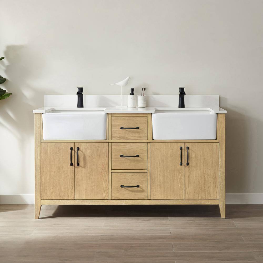 ROSWELL Sevilla 60 in.W x 22 in.D x 33.9 in.H Bathroom Vanity in Washed Ash with White Composite Stone Countertop Without Mirror 897060-WA-WHN