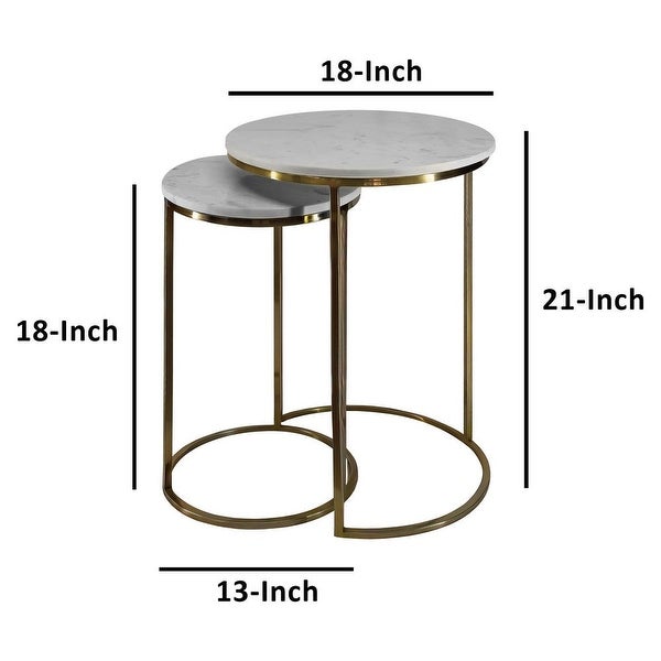 21， 18 Inch Transitional Style Round Marble Top Nesting End Table， Set of 2， Metal Frame， White， Brass