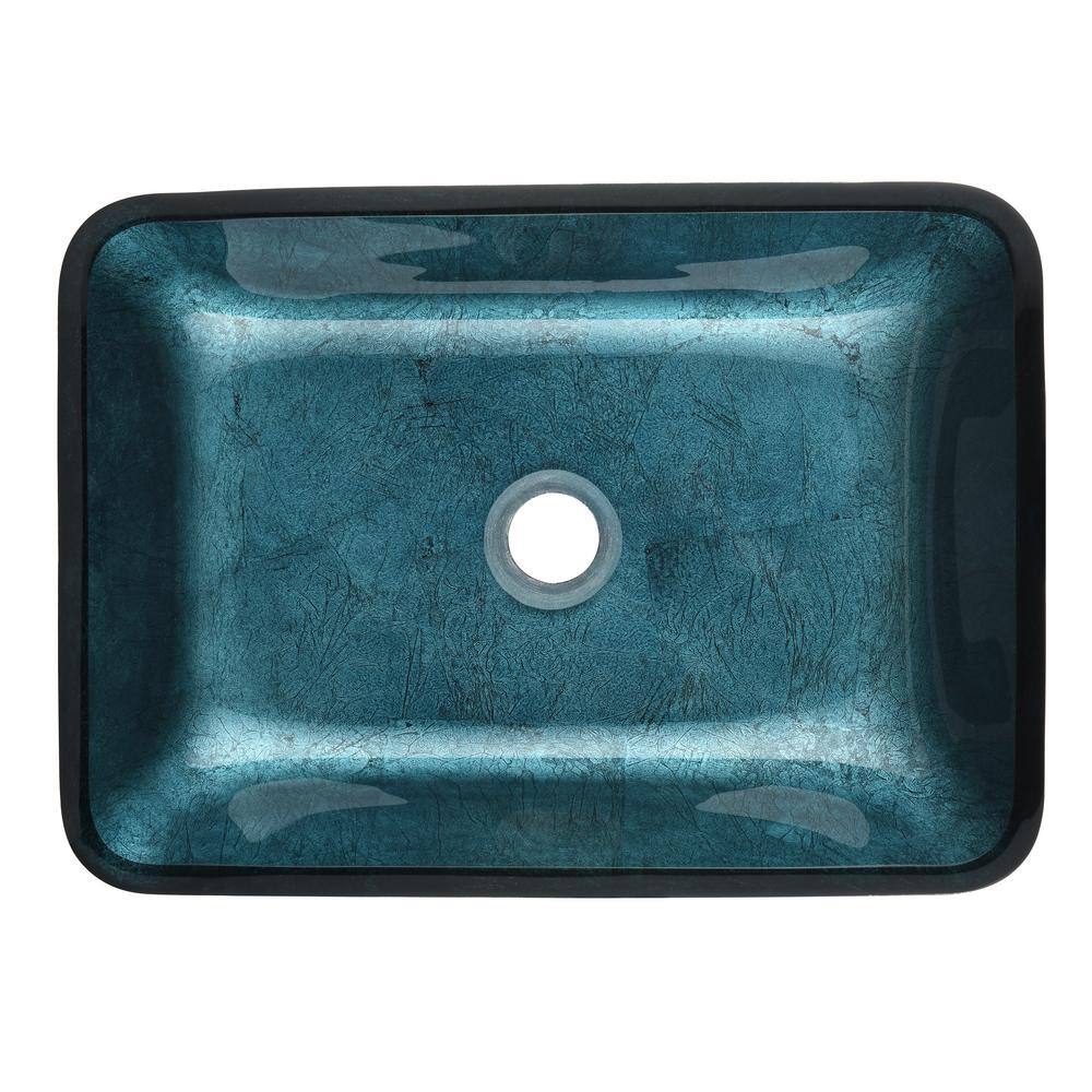 Handmade Countertop Glass Rectangular Vessel Sink in Blue with Single-Handle Faucet and Pop Up Drain in Matte Black W-Sun-12