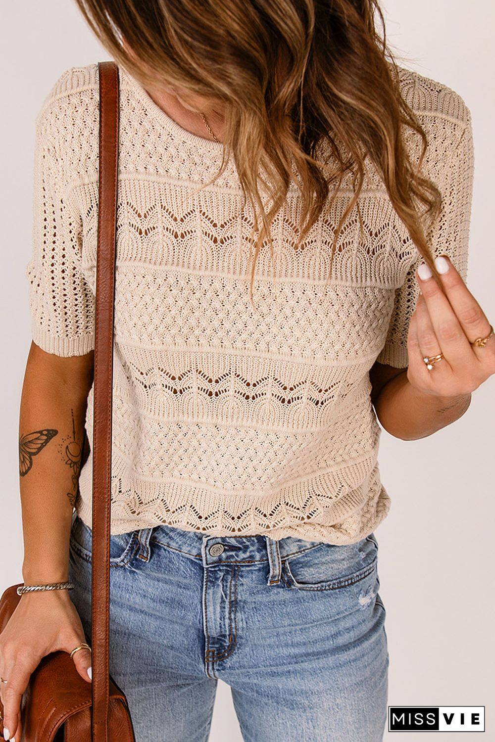 Apricot Crochet Hollow-out Short Sleeve T-shirt