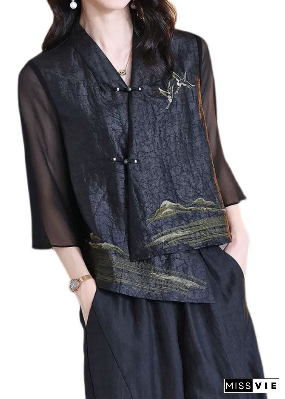 Retro Black V Neck Patchwork Chinese Button Silk Coats Bracelet Sleeve