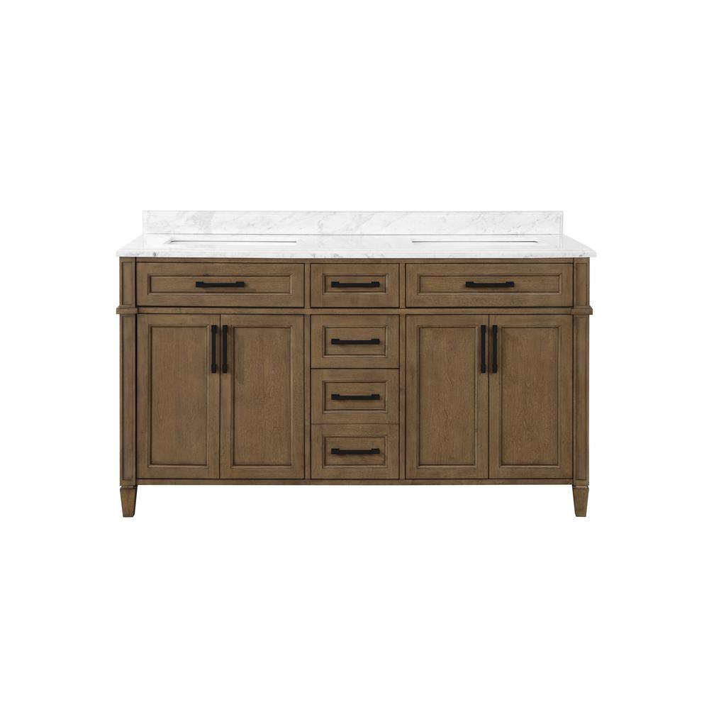 Home Decorators Collection Caville 60 in. W x 22 in. D x 34.50 in. H Bath Vanity in Almond Latte with Carrara Marble Top Caville 60AL