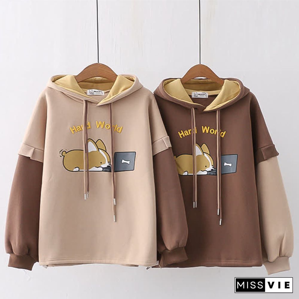 Cartoon Puppy Letter Embroidery Colorblock Plush Hoodie