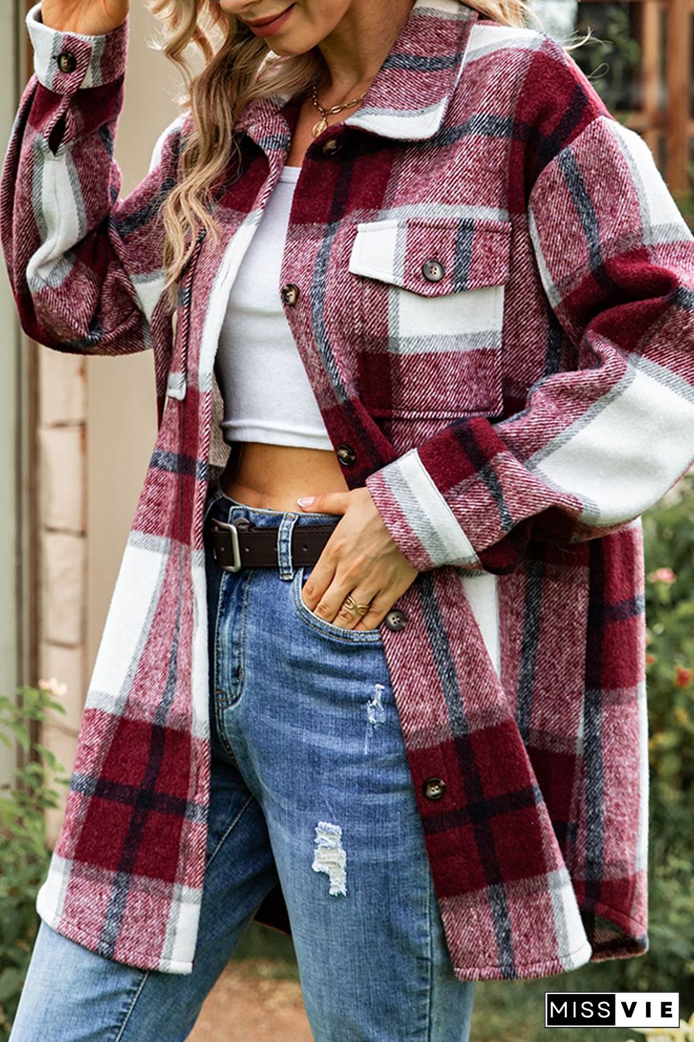 Button Pockets Plaid Shacket Jacket