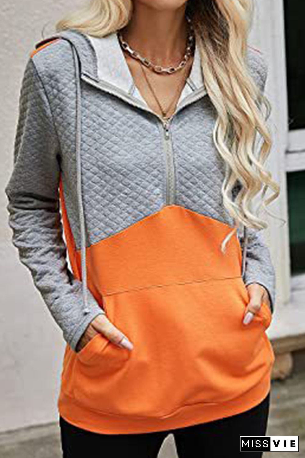 Zip Hoodies Patchwork Long Sleeves Tops Wholesale