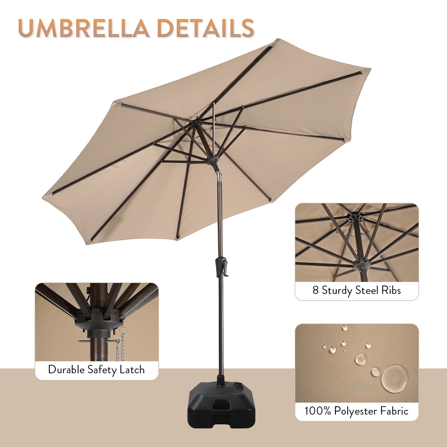 Patio Umbrella with Patio Market Umbrella Base, 9-Feet Outdoor Table Market Umbrella with 26.5lb Heavy Duty Resin Square Outdoor Stand, Push Button Tilt/Crank, 8 Ribs, Beige