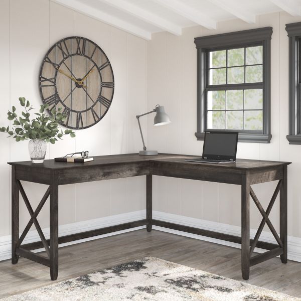 Bush Furniture Key West 60W L Shaped Desk in Dark Gray Hickory