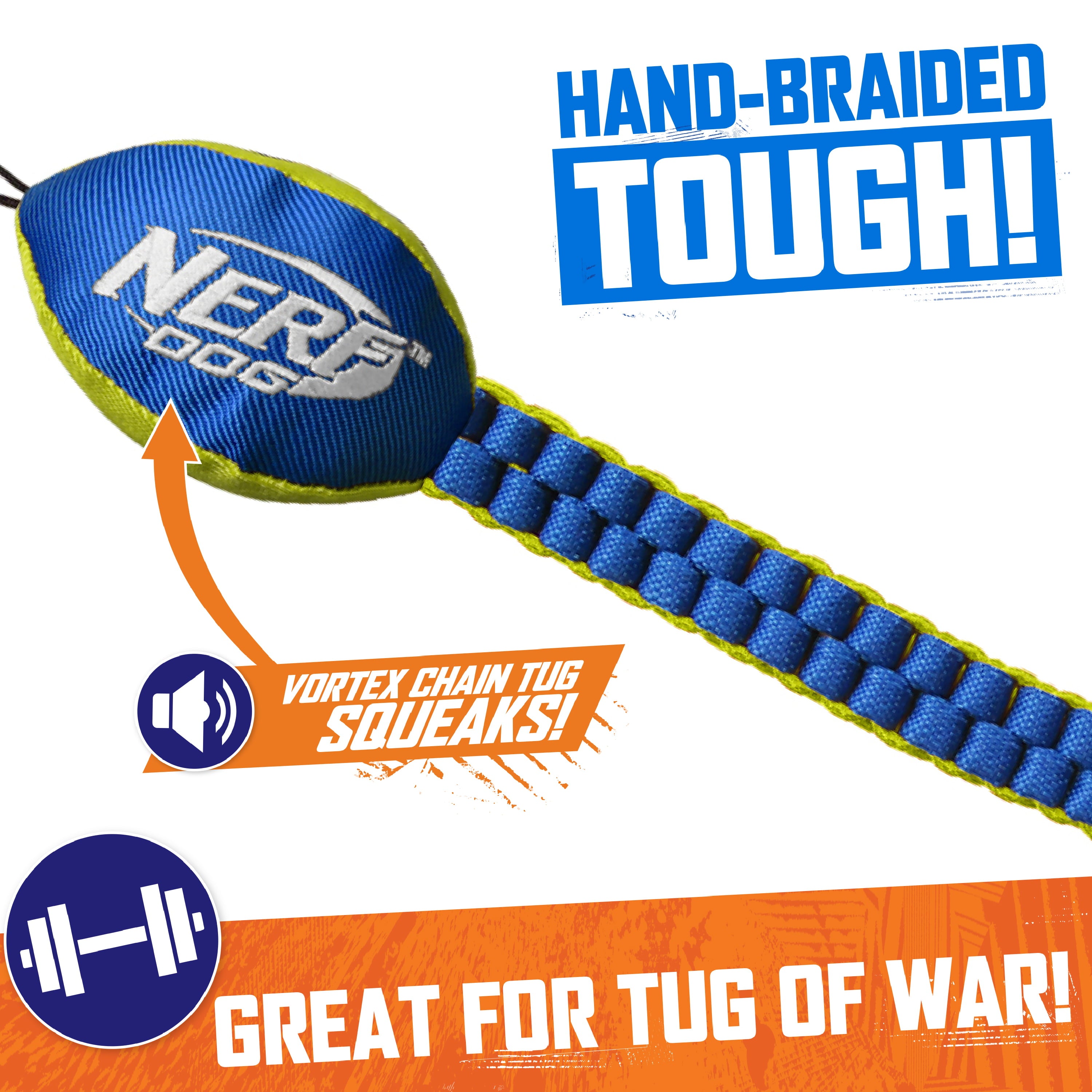 Nerf Dog Vortex Chain Tug Dog Toy with Durable Braided Nylon， 25