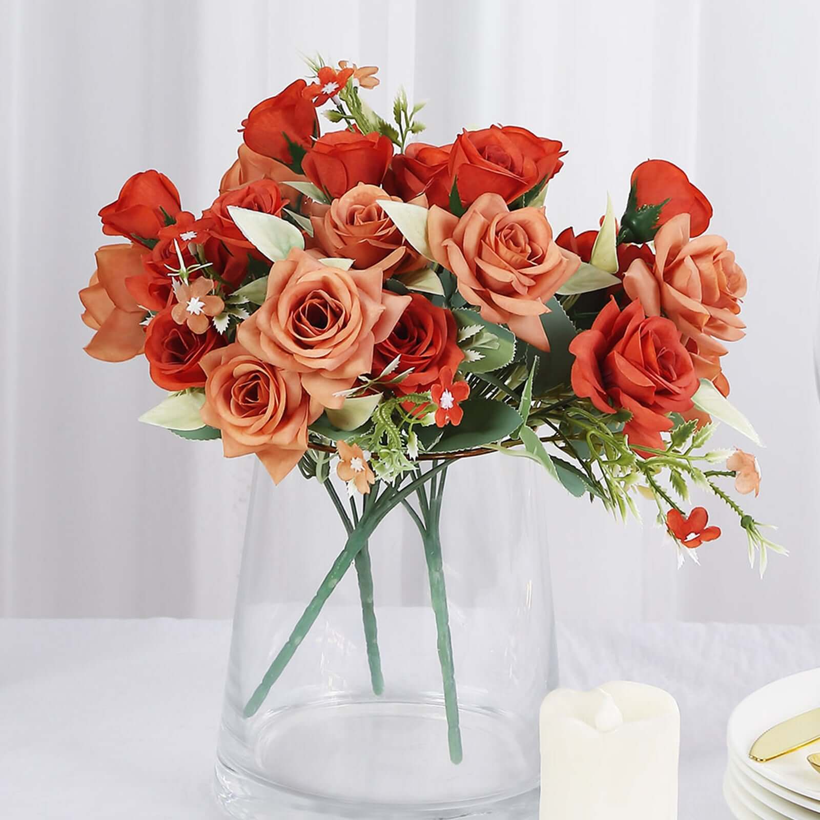 4 Bushes Terracotta (Rust) Real Touch Artificial Silk Rose Bridal Bouquet, Faux Flowers 12