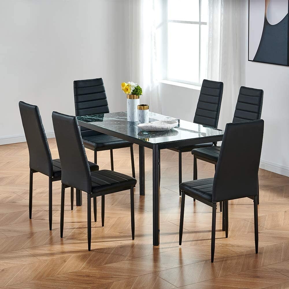 7 Piece Modern Glass Dining Set for 6 with Faux Leather Chairs