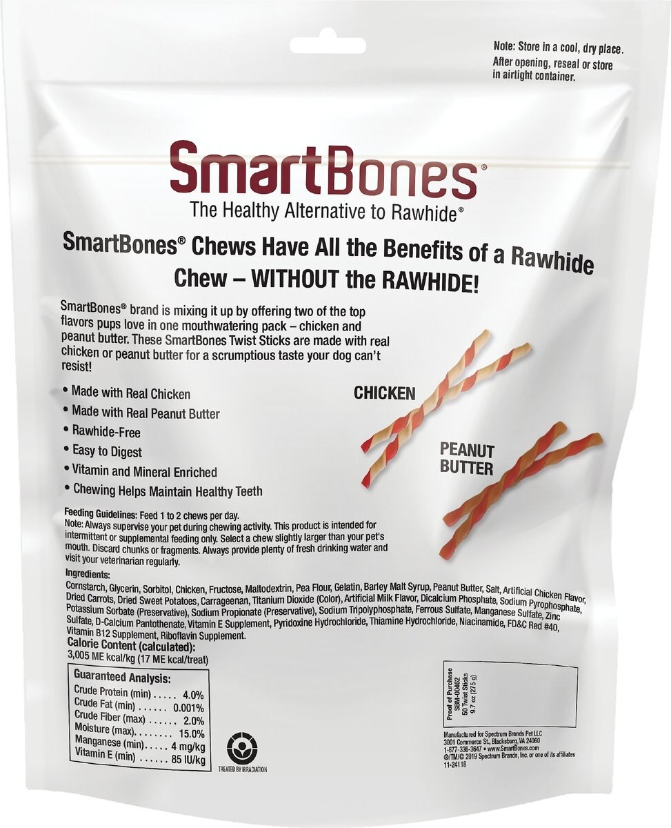 SmartBones Twist Sticks Variety Pack Real Chicken and Peanut Butter Flavor Dog Treats， 50 count