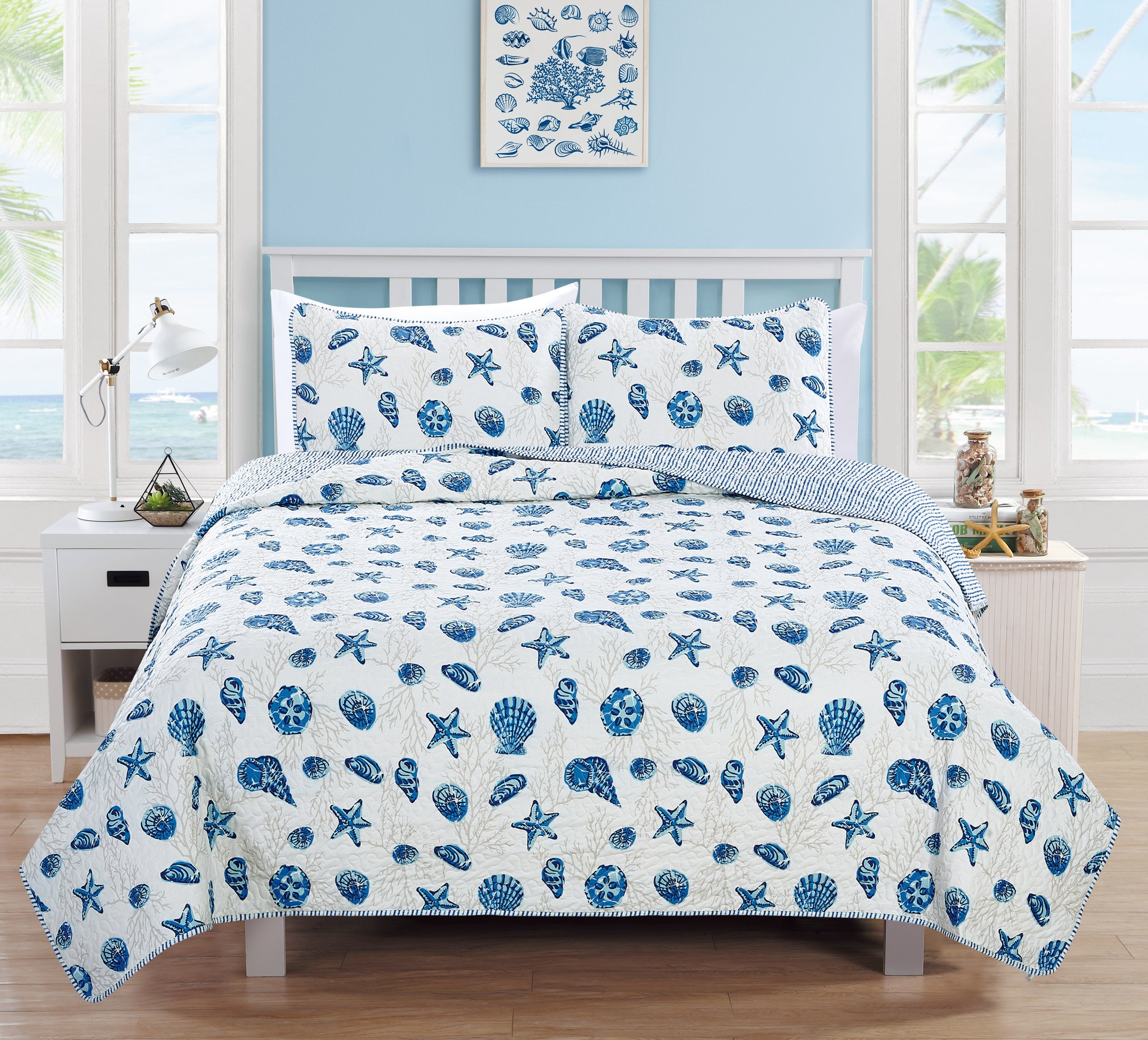 Great Bay Home Coastal Beach Reversible Reversible Quilt Set With Shams  (Twin， Blue)