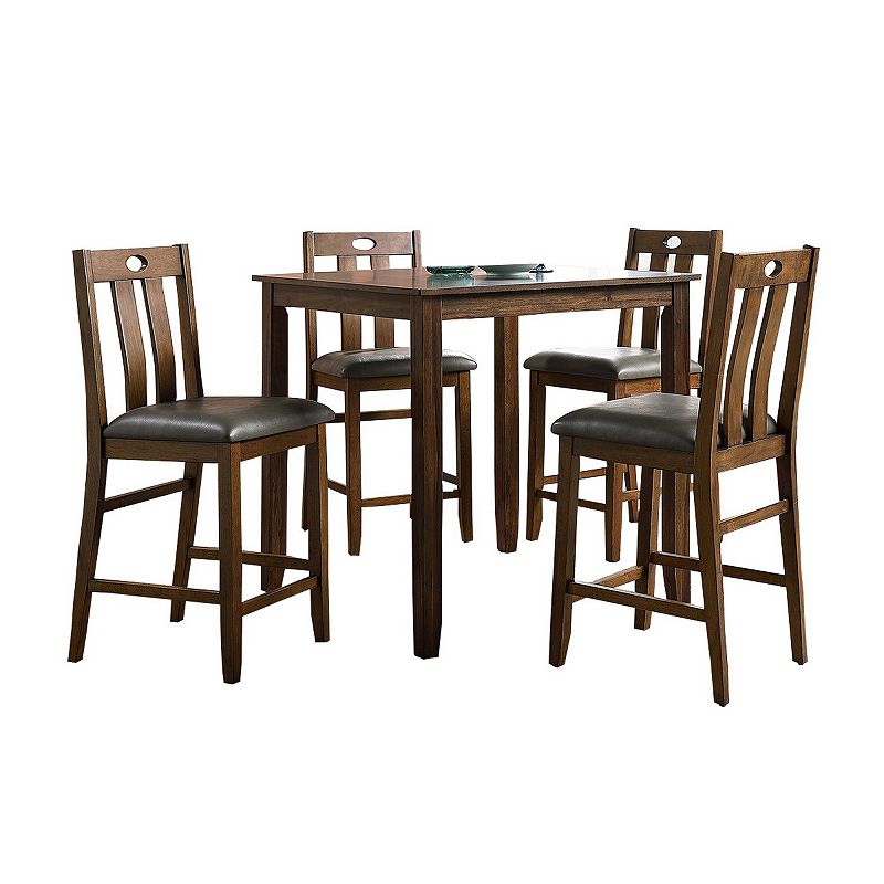 5 Piece Counter Height Wooden Dining Set with Padded Seat， Brown and Gray