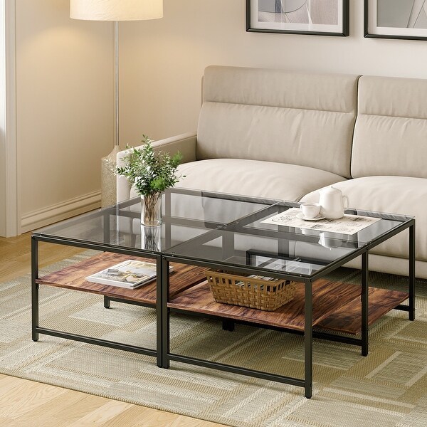 Farmhouse Glass Coffee Table with Storage， Metal Wood - 39.3 x 23.6 x 17.7