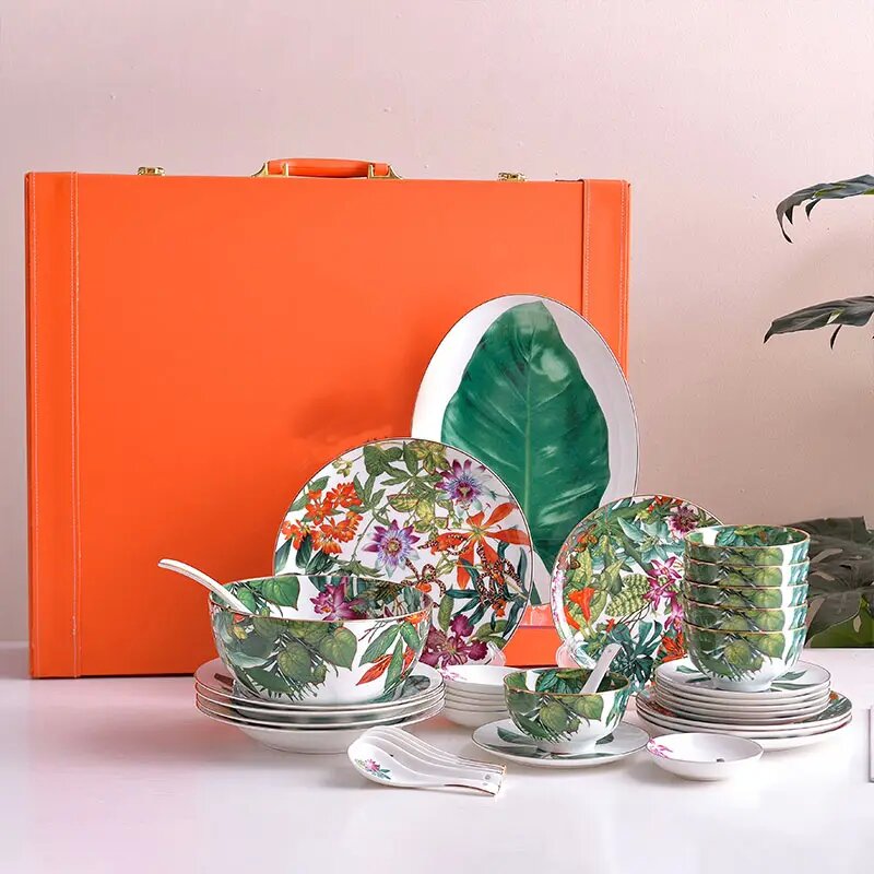 51 pieces high quality rainforest leaves ceramic tableware set