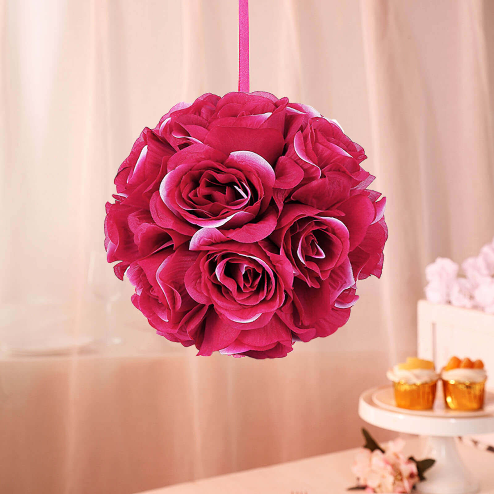 2 Pack Fuchsia Artificial Silk Rose Kissing Ball, Flower Ball 7