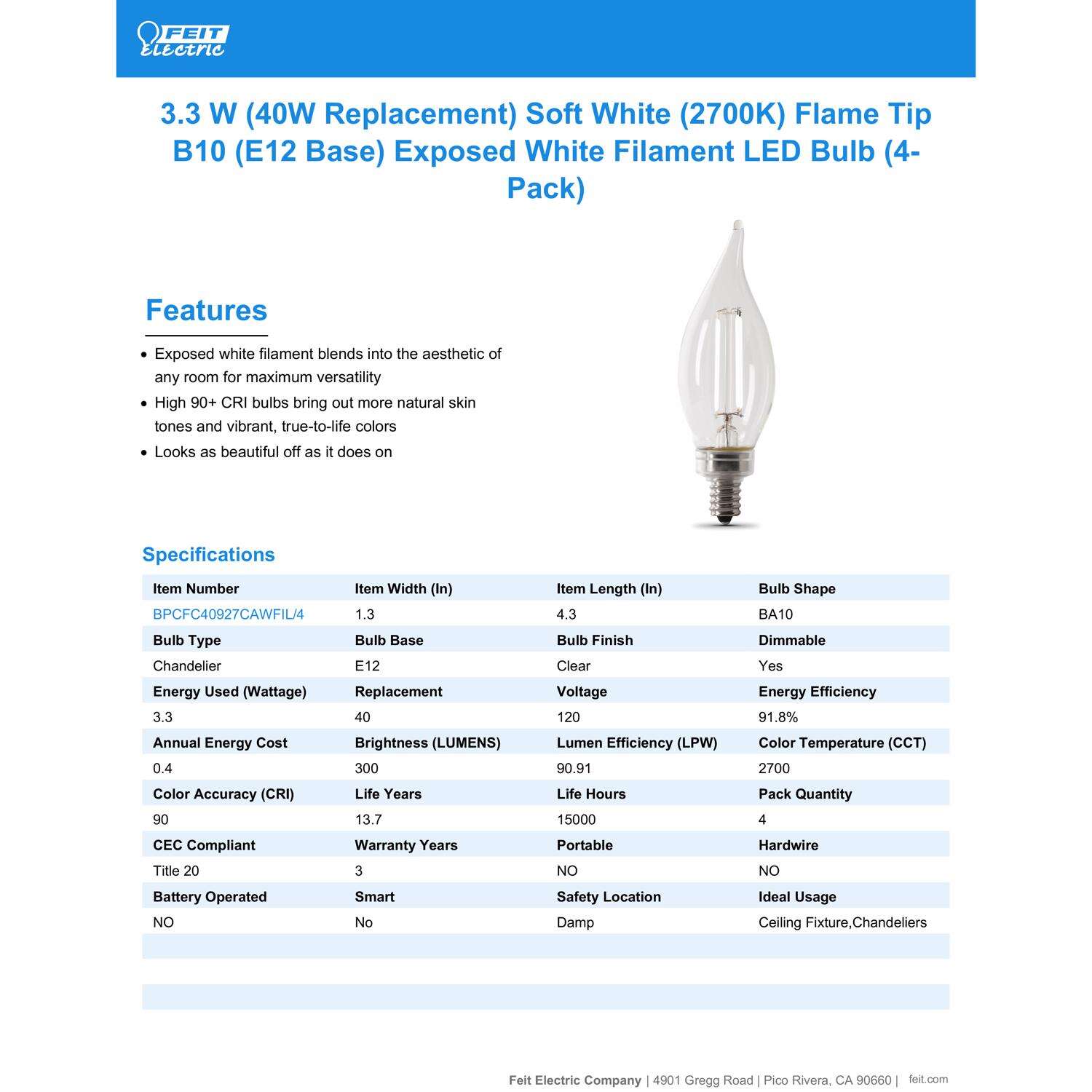 Feit White Filament BA10 E12 (Candelabra) Filament LED Bulb Soft White 60 Watt Equivalence 2 pk