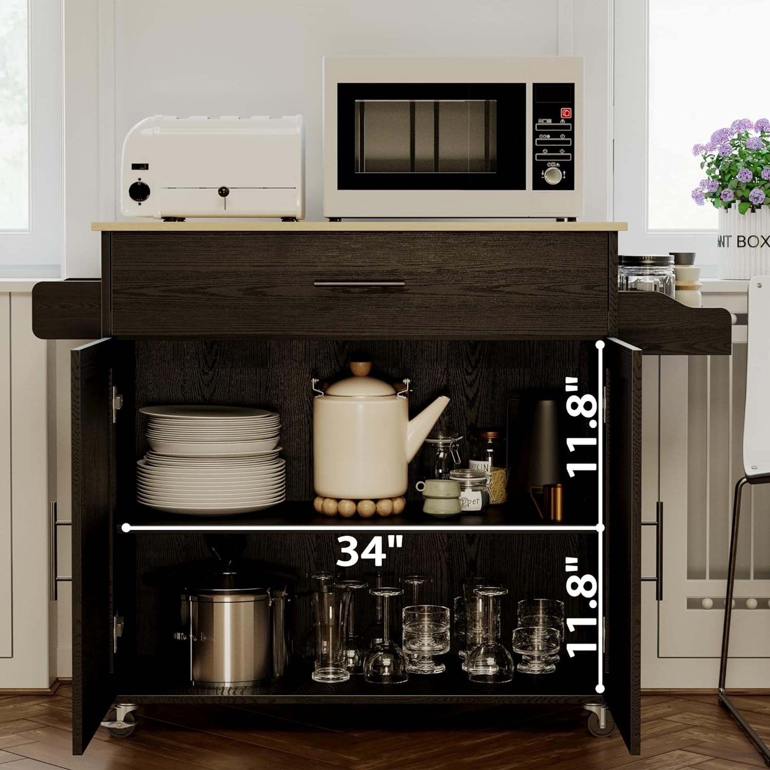 Rolling Kitchen Island Table on Wheels with Drop Leaf and Towel Rack