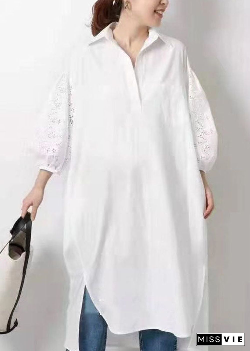 Natural White Lace Patchwork Cotton Shirts Dress Half Sleeve