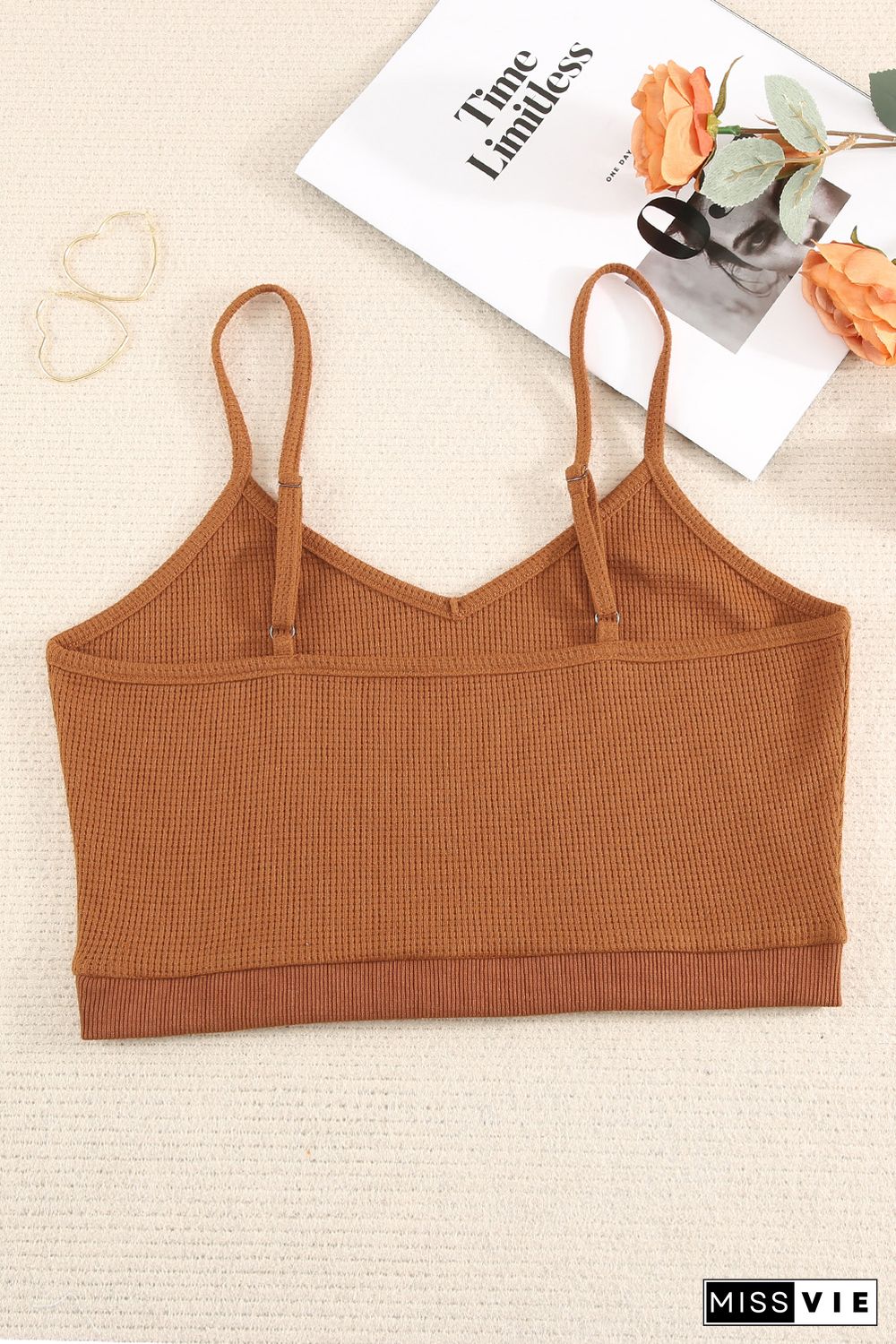 Brown Waffle Knit Skinny Fit Spaghetti Strap Crop Cami Top