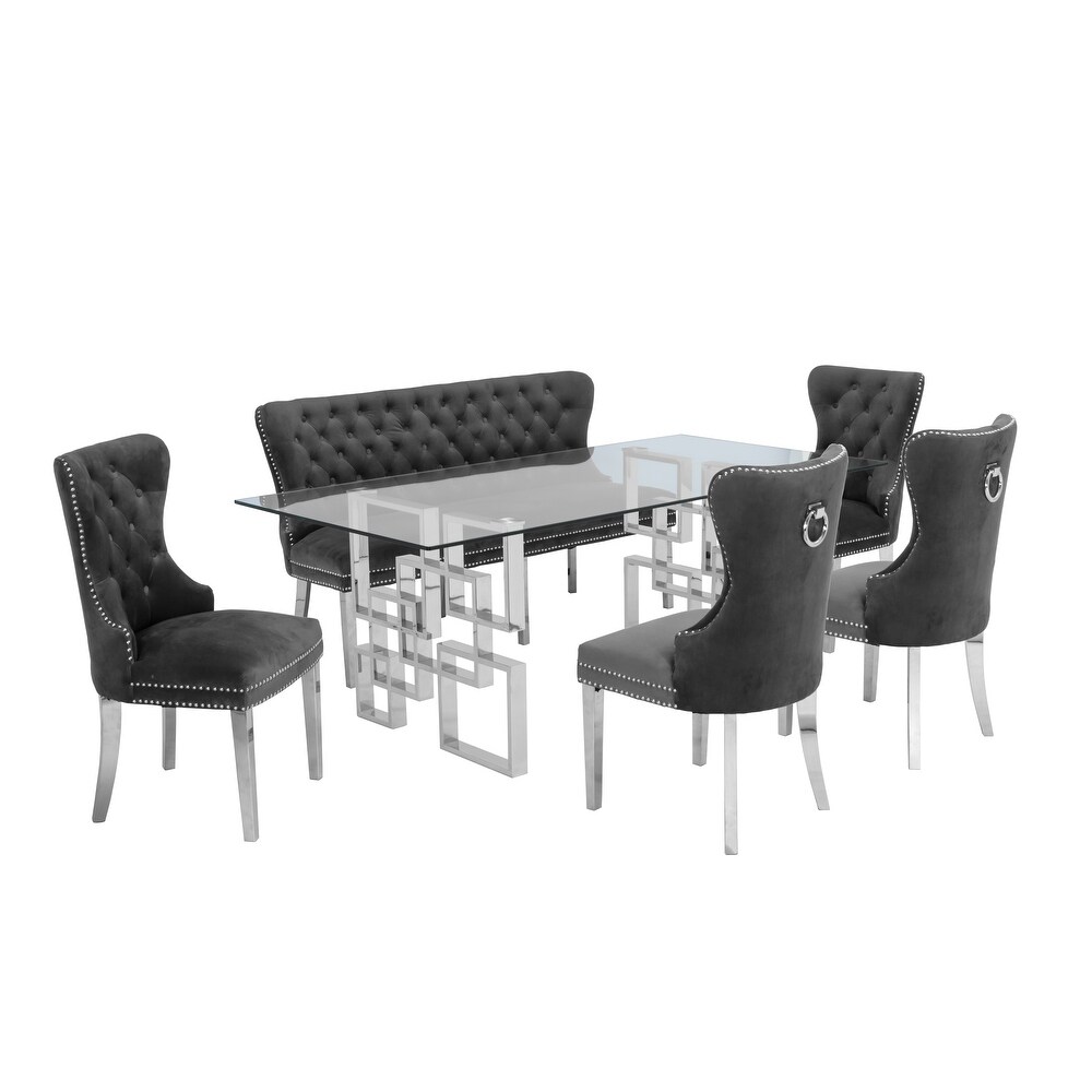 Best Quality Furniture 6 Piece Dining Set with Chrome Legged  Tufted  Nailhead Trim Chairs