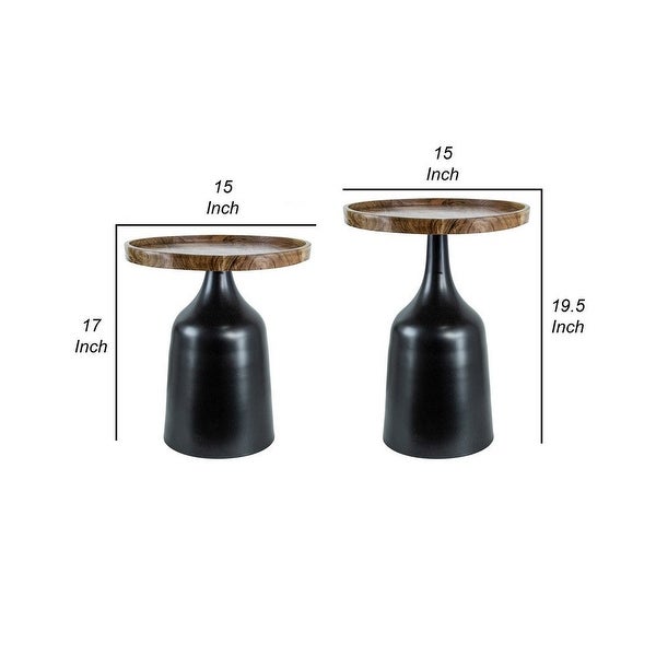 20， 17 Inch Side Table， Acacia Wood， Flared Pedestal Base， Aluminum， Black - 36.5 H x 30 W x 21 L