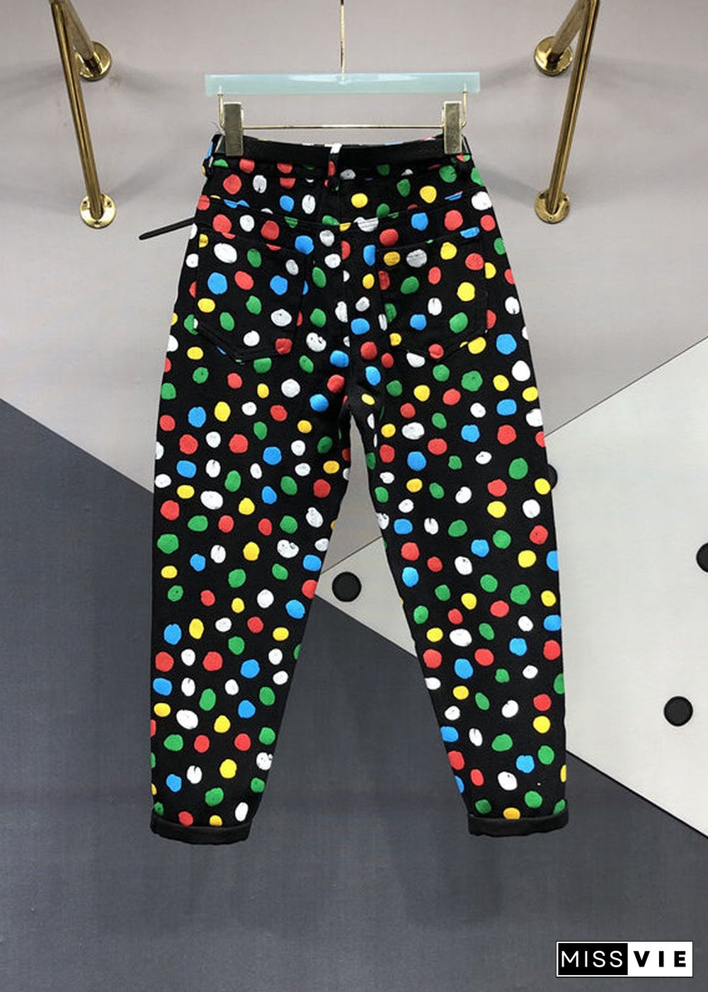 French Black Pockets Multi Dot Print Patchwork Denim Pants Fall