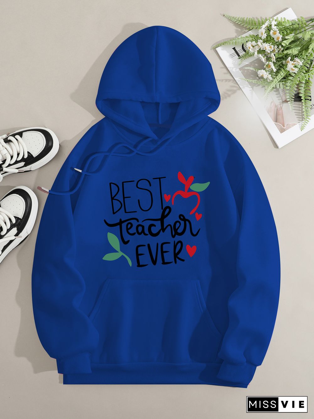 Printed on front Kangaroo Pocket Hoodie Long Sleeve for Women Pattern Best teacher ever