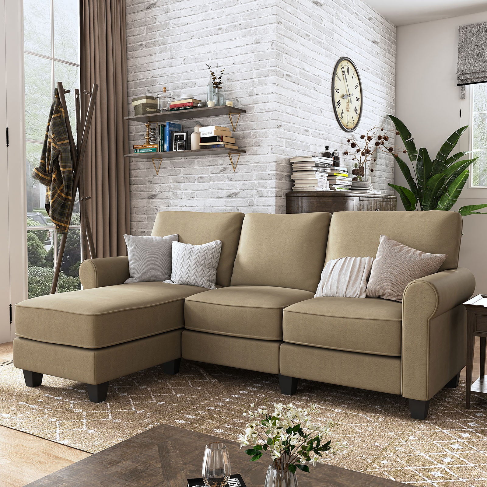 Nolany Convertible Sectional Sofa L Shaped Couch 3-Seat Sofa with Chaise, Dark Khaki