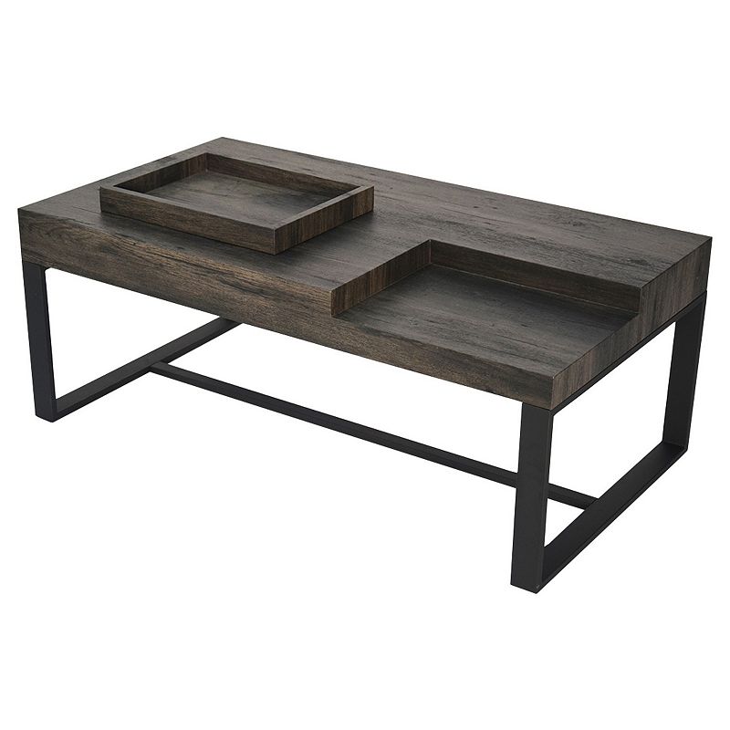 Rectangular Wooden Coffee Table with Hidden Storage and Metal Sled Base， Gray and Black