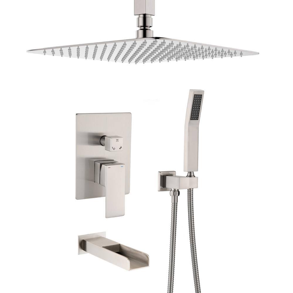 YASINU 1-Spray Ceiling Mount Square Rainfall Shower Head with Hand Shower and Tub Faucet in Brushed Nickel YN809-12BN