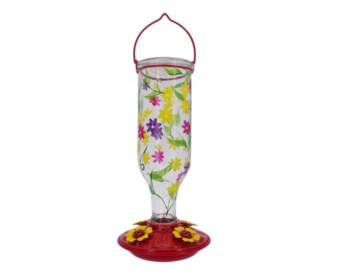 Birds Cafe Hand Painted Flower Glass Bottle Hummingbird Feeder HB-0423L2-A