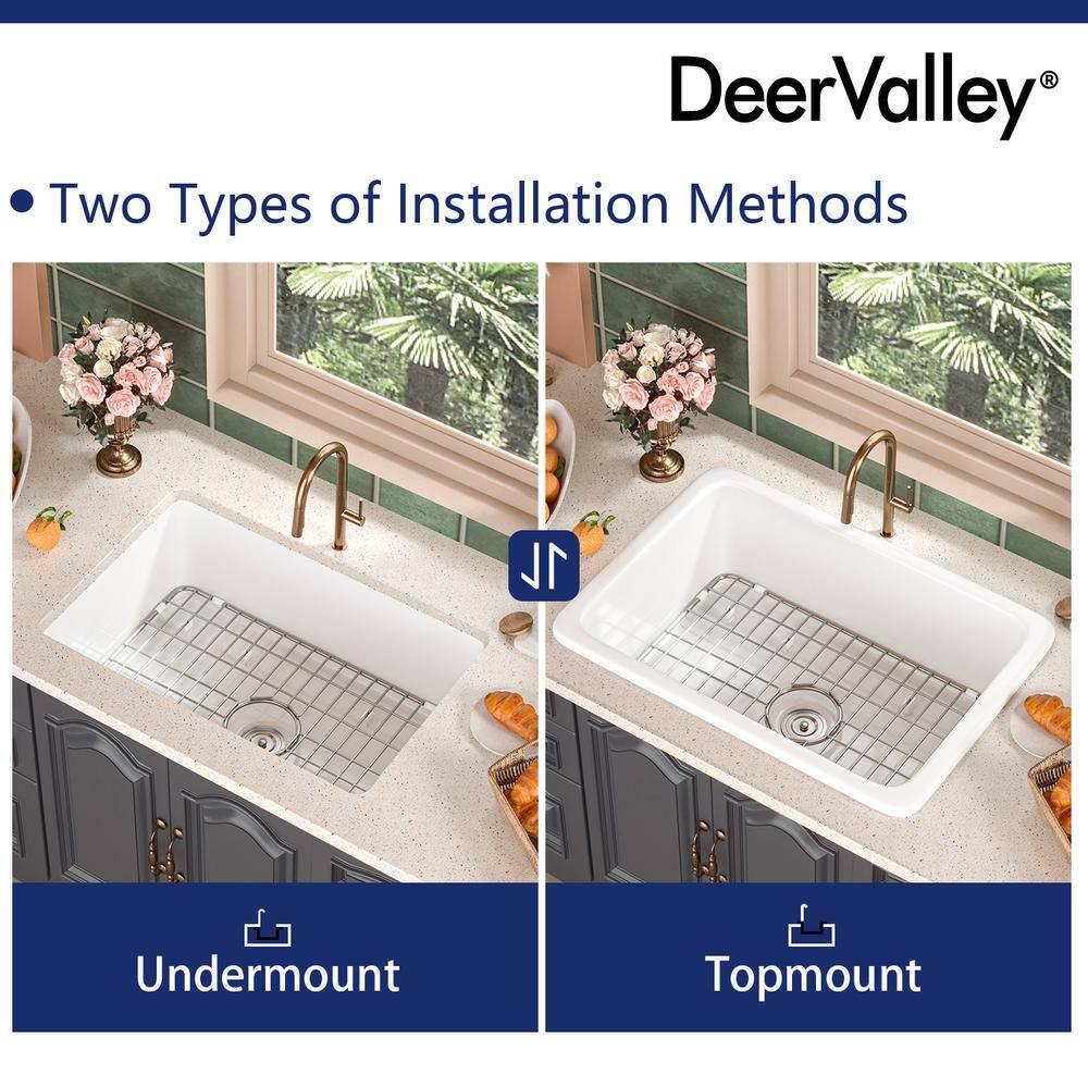 DEERVALLEY Glen White Fireclay Rectangular 27 in. Single Bowl Undermount Kitchen Sink with Bottom Grid and Basket Strainer DV-1K509