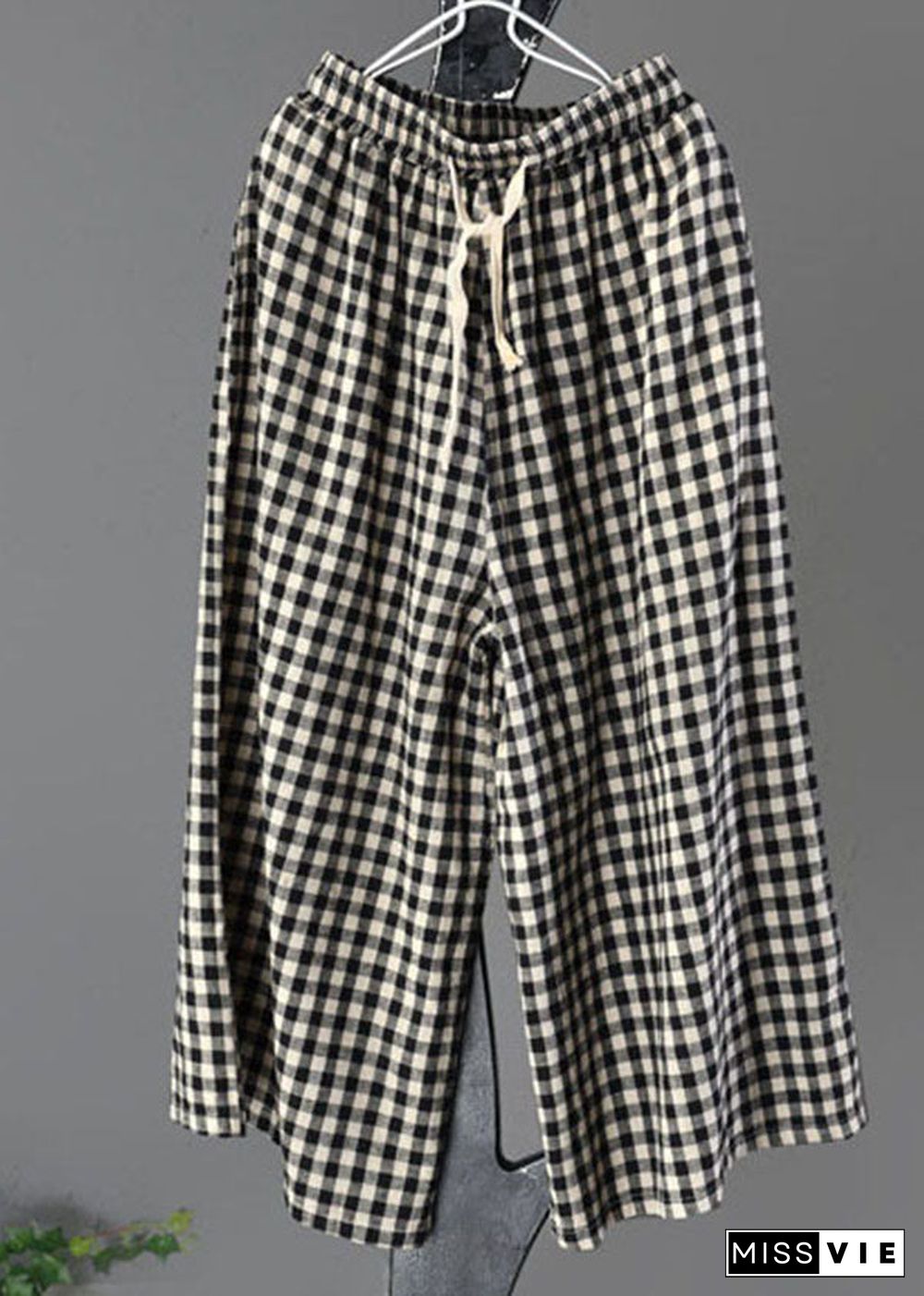 Casual Large Plaid Elastic Waist Linen Wide Leg Pants Summer