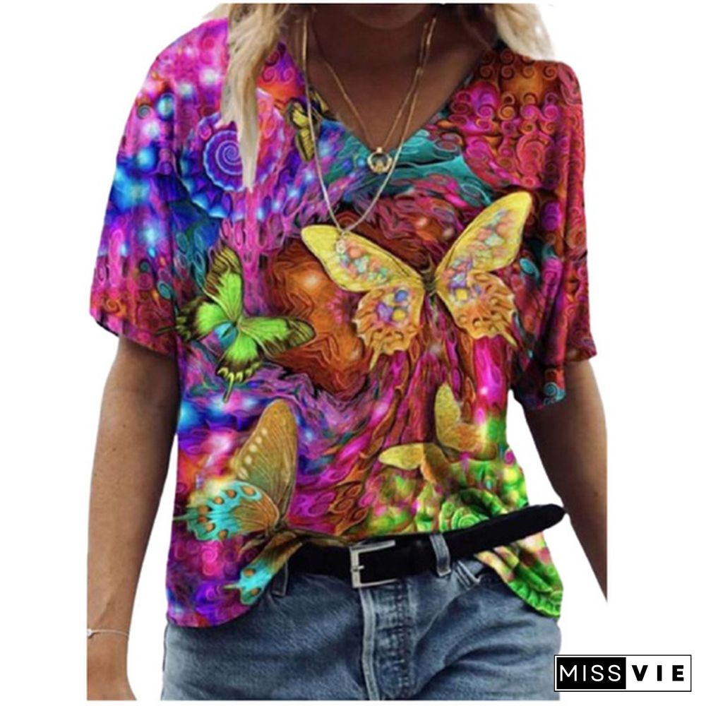 Women 3D Flower Print T Shirt Abstract Top Summer New Fashion Street Casual V-Neck Loose Tee Oversized Ladies Cotton Tops Plus Size XS-8XL