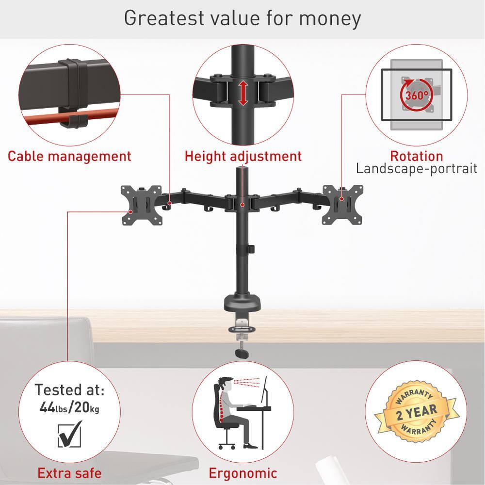 Barkan a Better Point of View Barkan 13 - 27 in. Full Motion - 5 Movement Dual FlatCurved Monitor Desk Mount Black Ergonomic 360-Degree Rotation M142T