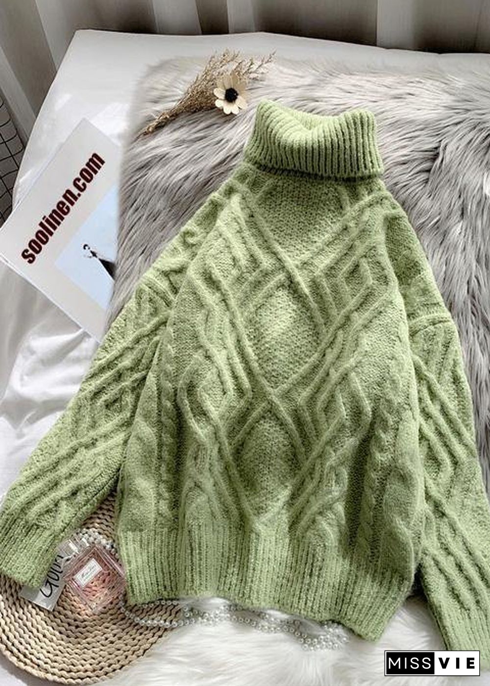 Comfy light green sweater tops chunky  plus size clothing high neck sweaters