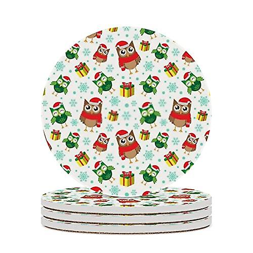 Round Drink Coasters 4 Pcs Snowflakes Owls And Gifts Absorbent Ceramic Coaster With Cork Base For Coffee Cups Housewarming Gift For Home Decor