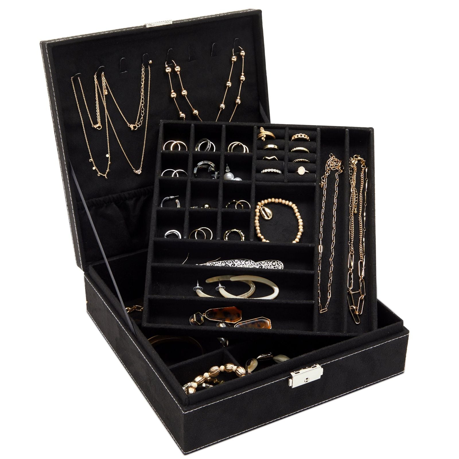 Black Jewelry Box with Lock and Key, 2 Layer Travel Display Case and Storage Organizer with Removable Tray for Men and Women, 10.5 x 10.5 x 3.5 in