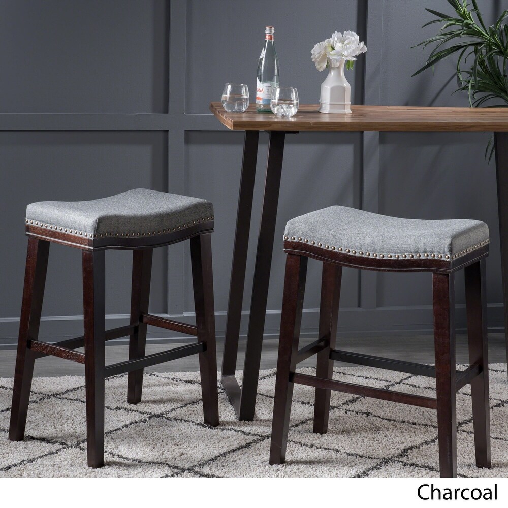 Kimi Contemporary Upholstered Saddle Barstool with Nailhead Trim (Set of 2) by Christopher Knight Home