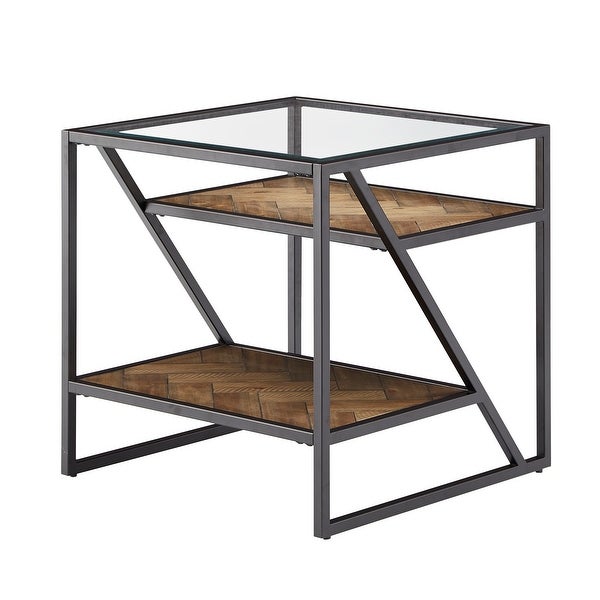 Kita Black Metal Parquet Wood and Glass End Table by iNSPIRE Q Modern - End Table